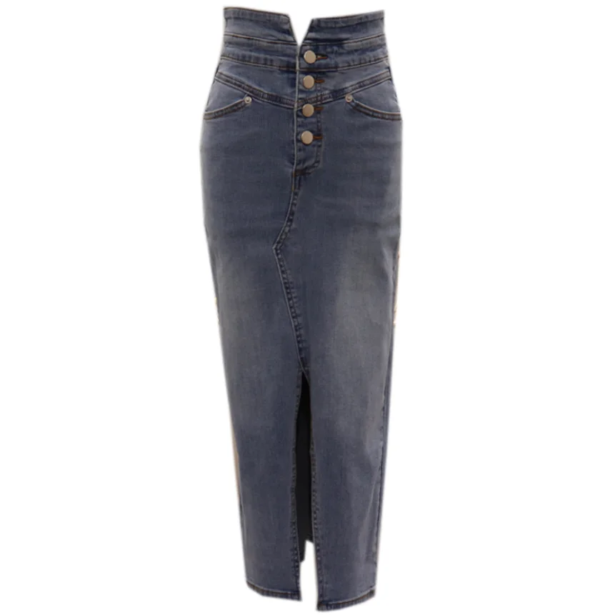 

2020 summer High Waist single breasted Denim Skirt Women Casual Jeans Skirt package hip split pencil skirt