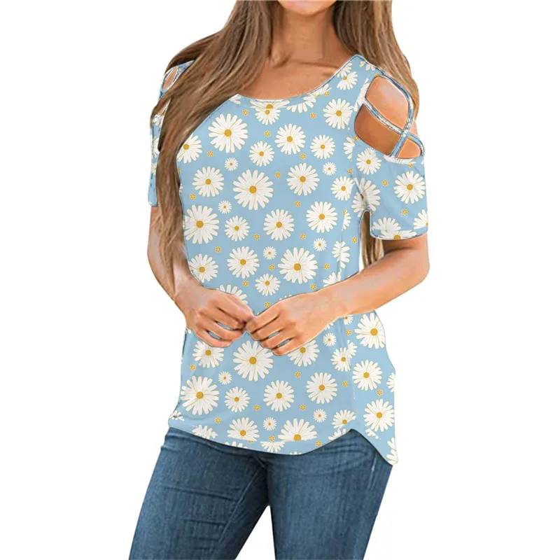 

Women Flower Print Cross Short-Sleeve T shirt Top 2021 Fashion New Slim O Neck Tees Summer Casual Ladies All-Match Streetwear