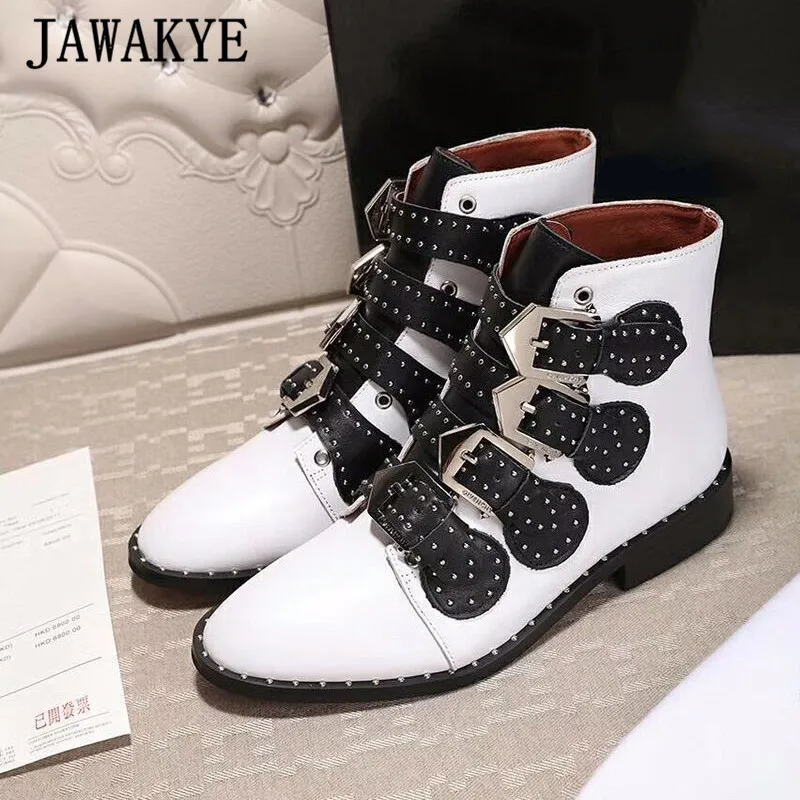 white leather Ботильоны из натуральной кожи с заклепками; женские Ботинки martin с круглым носком и пряжкой на ремешке; женские модные мотоциклетные ботинки; Botas Mujer - Цвет: white leather