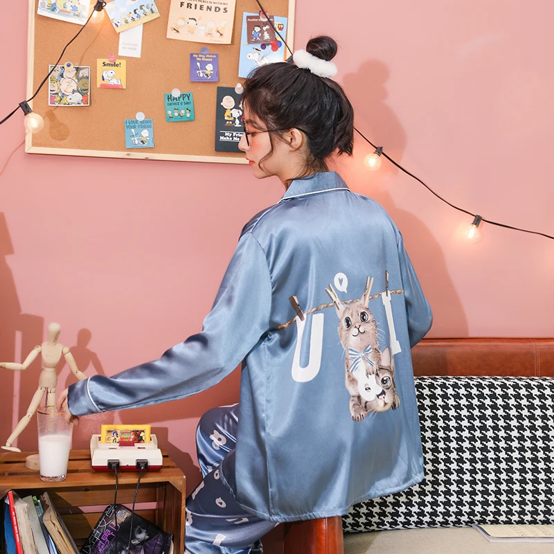 CAIYIER 2021 Silk Satin Pajamas Set Women Sexy Sleepwear Cute Print Girls Lingerie Nightwear Big Size Loungewear M-5XL Pyjamas