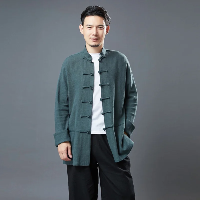 

2021 Traditional Chinese Men Retro Casual Shirt Cotton Tops Male Stand Collar Solid Color Kung Fu Clothes Tunic Tang Suit KK3823