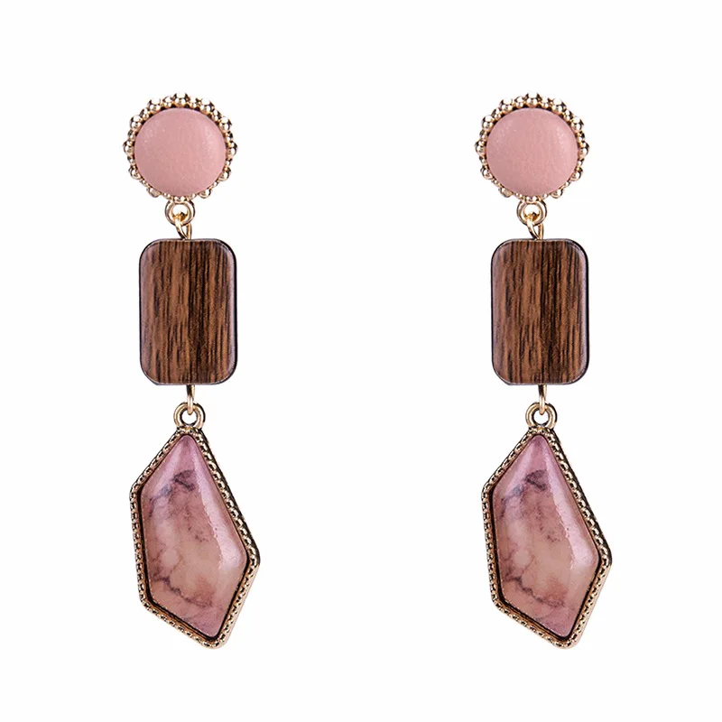 Vintage Long Earrings 2019 For Women Pink Geometric Drop Dangle Metal Wood Elegant Fashion Jewelry Wholesale | Украшения и