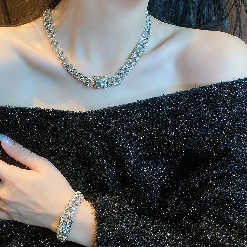 

Full Diamond Punk Clavicle Chain Europe and America Necklace Bracelet Fashion Jewelry for Women Men Link Chain Sets Wedding Gift