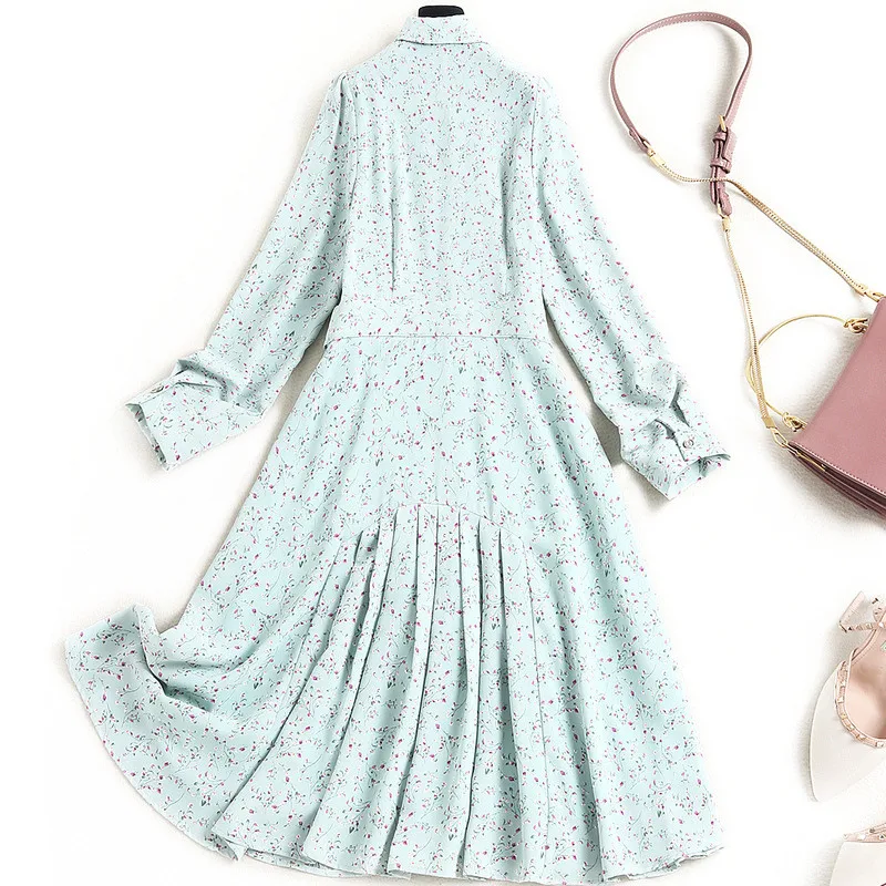 

Elegant Women Designer Turn Down Collar Long Sleeve Print Dress Chiffon Festa Spring Fashion Clothes Casual Aline Vestidos