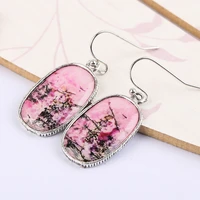 boho oval pink stone drop earrings for women wedding party jewelry ink painting plum blossom hook plated gifts