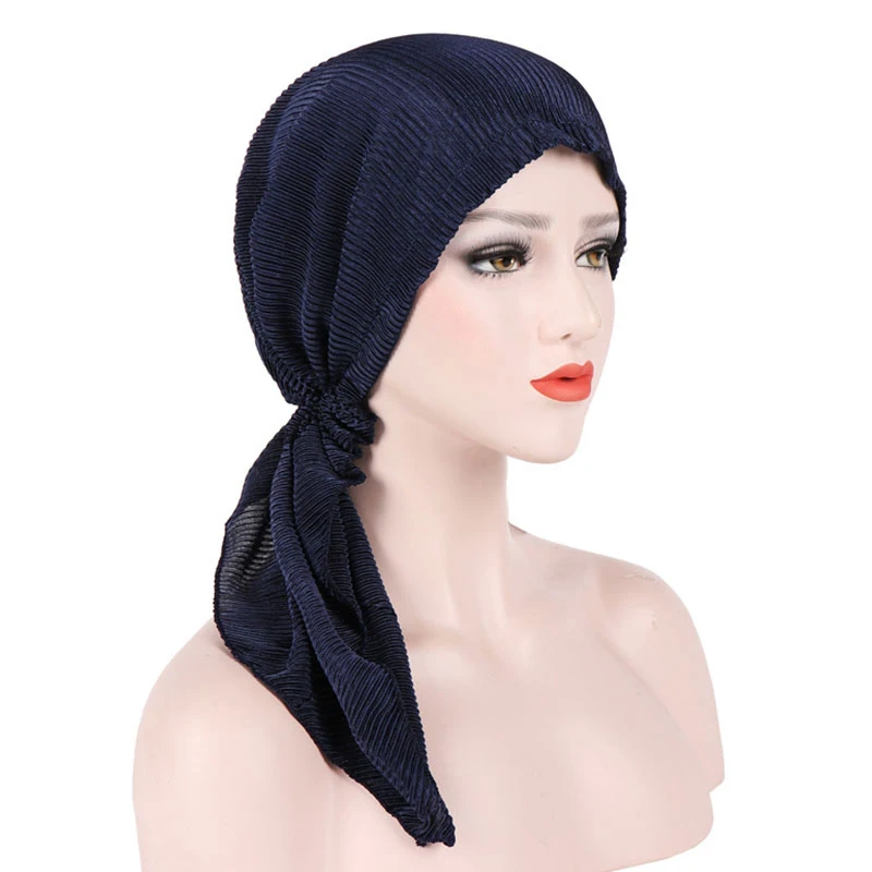 

2020 Long Tail Pleated Bonnet Hat Headscarf Head Cover Sleep Caps Solid Chemo Hat Turban Muslim Women Hijab Head Accessories