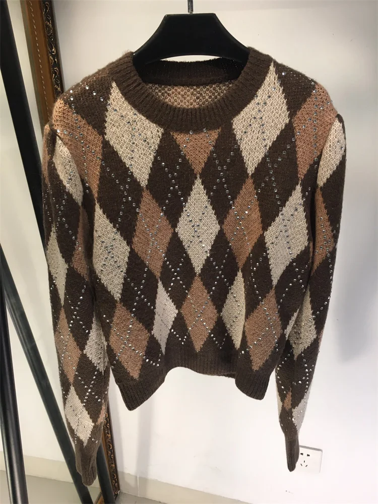 

2021 Autumn winter fashion hot rhinestone geometric pattern knitted pullover sweater women