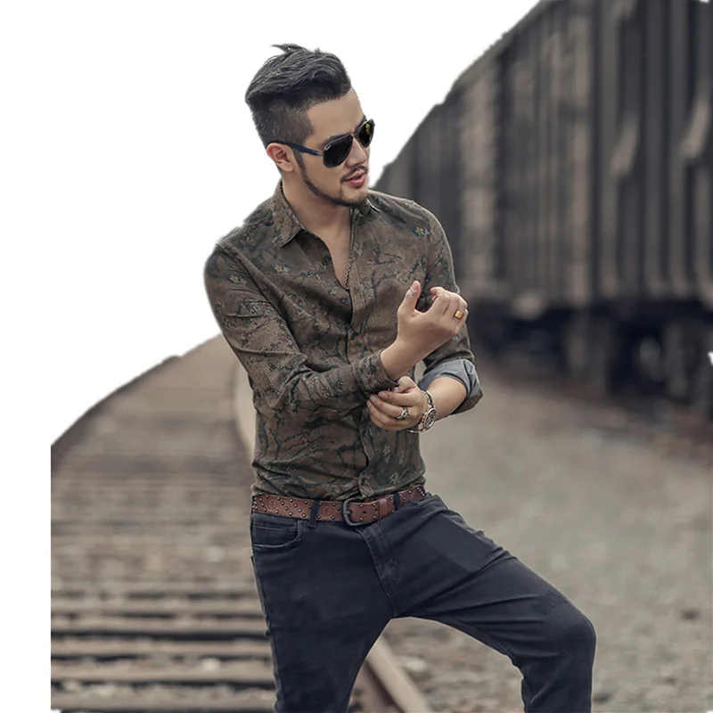 

Autumn New Mens Clothing Fashion Printed Long Sleeve Shirts Meth Camisa Male Slim Shirts Vintage Linen Casual Men Shirt