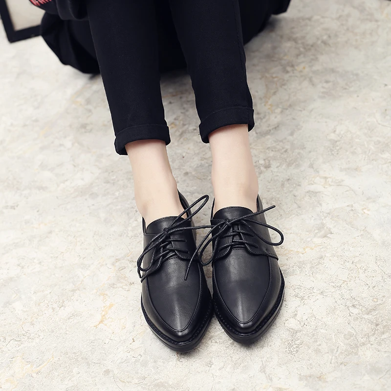 Leather Flat Shoes Women Black Brown Shoes Woman Flat Loafer British Style Lace-up Womens Flat Dress Shoes Zapatos De Vestir