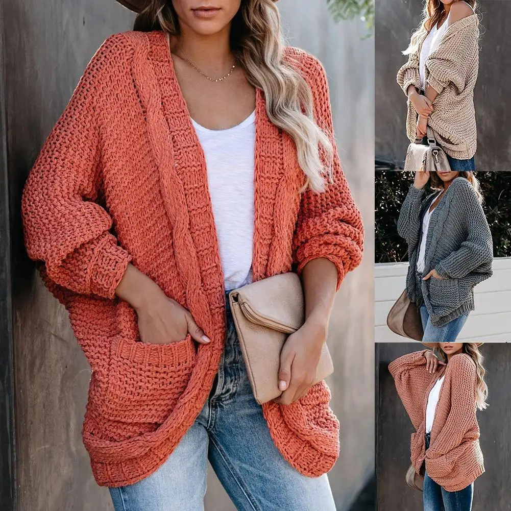 

Women Winter Solid Color Knitted Pocket Loose Large Size Cardigan Sweater Coat