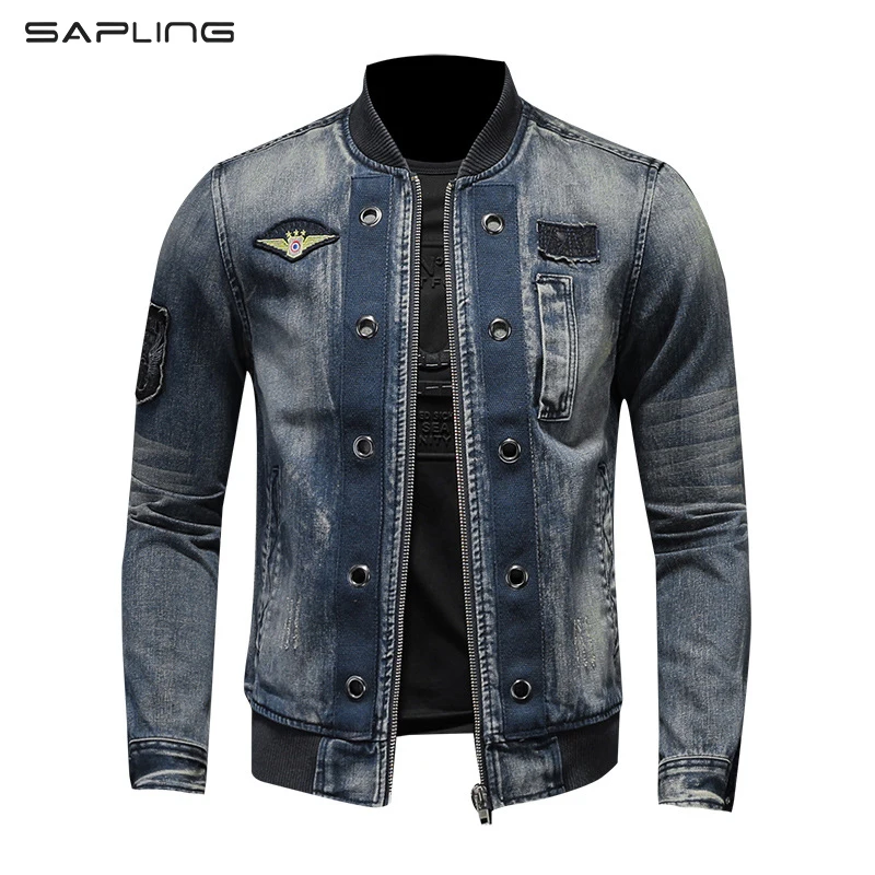 

Мужская джинсовая куртка-бомбер на молнии, с воротником-стойкой