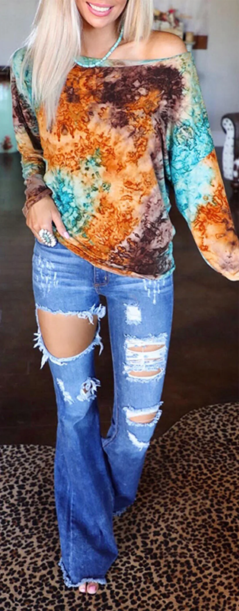 

Womens Sexy Tops Autumn Clothing Woman's Casual Round Neck Tie Dye Long T Shirt Women Tshirt Casual Loose Ladies Tops and Shirt