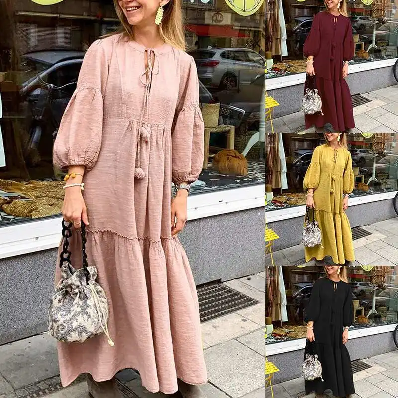 Elegant Puff Sleeve Maxi Dress Women's Autumn Sundress ZANZEA Casual Ruffle Long Vestidos Female Solid Party Robe Femme 5XL