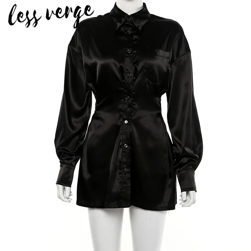 Женское атласное платье рубашка Lessverge черное облегающее короткое с длинным