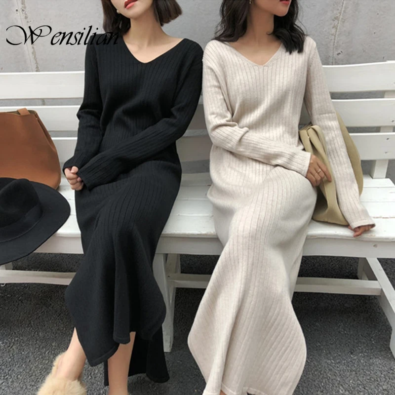 Элегантное вязаное платье Женское зимнее платье-свитер простые однотонные