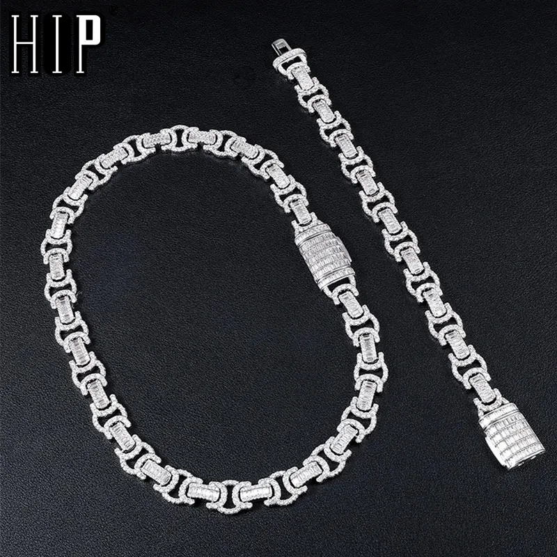 

Hip Hop 14MM Byzantine Baguette Bling Box Buckle Iced Out Copper Setting AAA+ CZ Stones 2Set Chain 10MM Bracelet For Men Jewelry