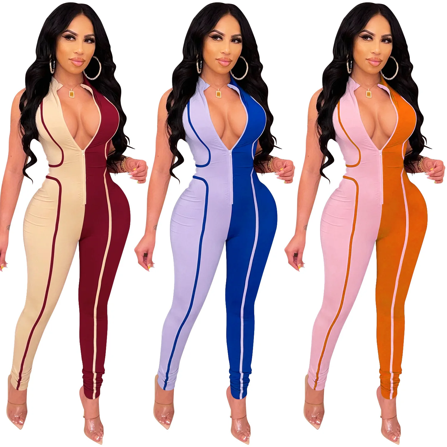 

Women Fitness Casual Color Patchwork Zippers Sleeveless V Neck Sporty Jumpsuit Sexy Party Club One Piece Overalls Outfit