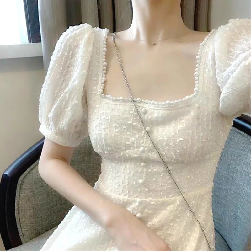 

Vintage Fairy Dress Women French Style Chiffon Mini Dress Casual Square Collar Hepburn Style Korean Kawaii Dress Women 2021 New
