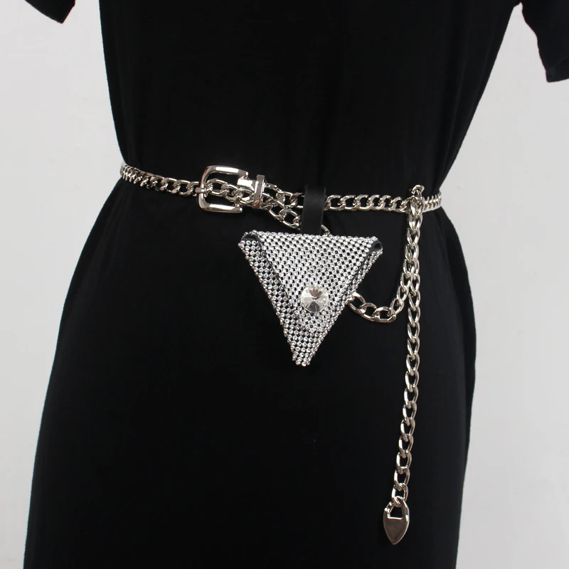 Mini Triangle Waist Bag for Coin Key Women 2021 Bling Rhinestone Metal Waist Belt Bag Adjustable Alloy Waist Chain Chest Bag New