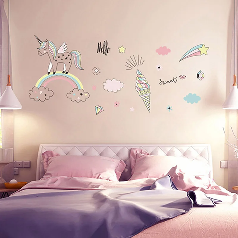 Мультяшный Радужный Единорог наклейка на стену для детской комнаты фон