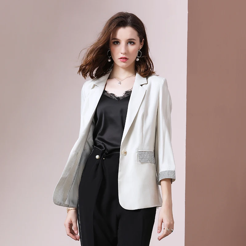 

CINESSD Woman Autumn Chiffon Blazer Suit Jacket 2019 Long Sleeve diamond Casual Coat Apricot blue Office Lady Blazers Workwear
