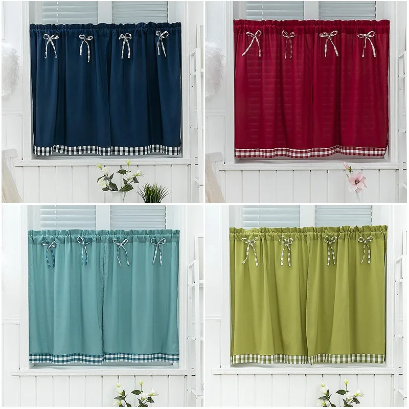 

Bay Window Curtains Grid Short Curtain for Kitchen Cabinet Door Separate Panel Bow-knot Decor Drapes Cozy Cafe Bar Half-Curtain