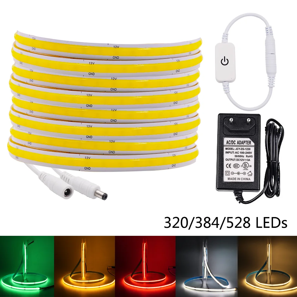 

DC12V 24V COB LED Strip Light 320 384 528 LEDs Flexible Ribbon Tape High Density Soft COB LED Light RA90 0.5M-5M Linear Dimmable