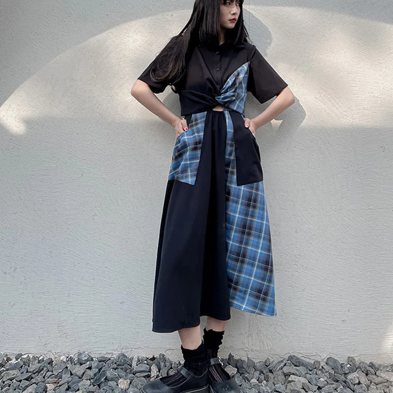 

Sister Fara Chic Patchwork Plaid Women's Dress 2021 Summer Loose Asymmetrical Ankle-Length Dress Lace Up Casual Women's Dresses