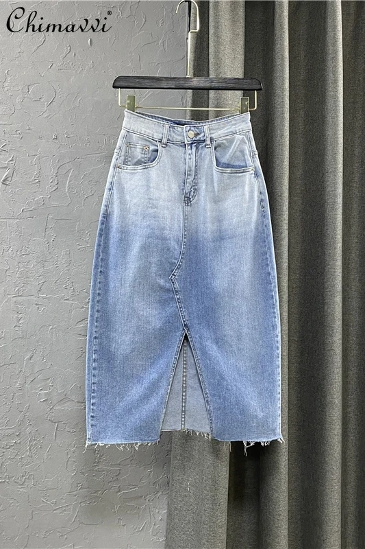 

Gradient Light Blue Denim Skirt Women's Summer 2021 Elastic Slim High Waist Jean Skirt Office Lady A Line Sheath Long Skirt