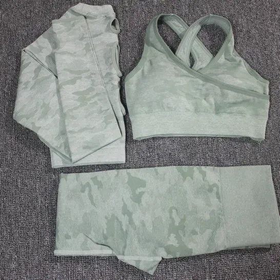 3PCS Green Set Комплект из 2 предметов, камуфляжный, камуфляжный, для йоги, спортивная одежда для женщин, для спортзала, фитнеса, одежда для занятий йогой, леггинсы+ спортивный бюстгальтер, спортивный костюм для спортзала, Femme - Цвет: 3PCS Green Set
