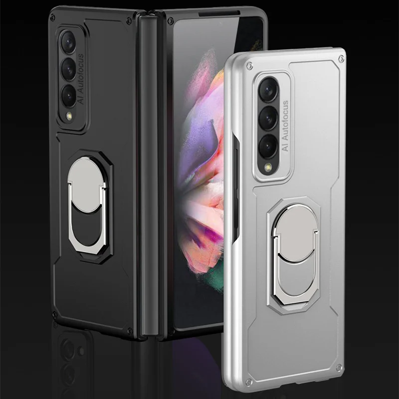 Manly Armor Fold Stand Ring Holder Case For Samsung Galaxy Z Fold 3 5G Phone Cover PC Hard Solid Color Shockproof Fitted Fundas