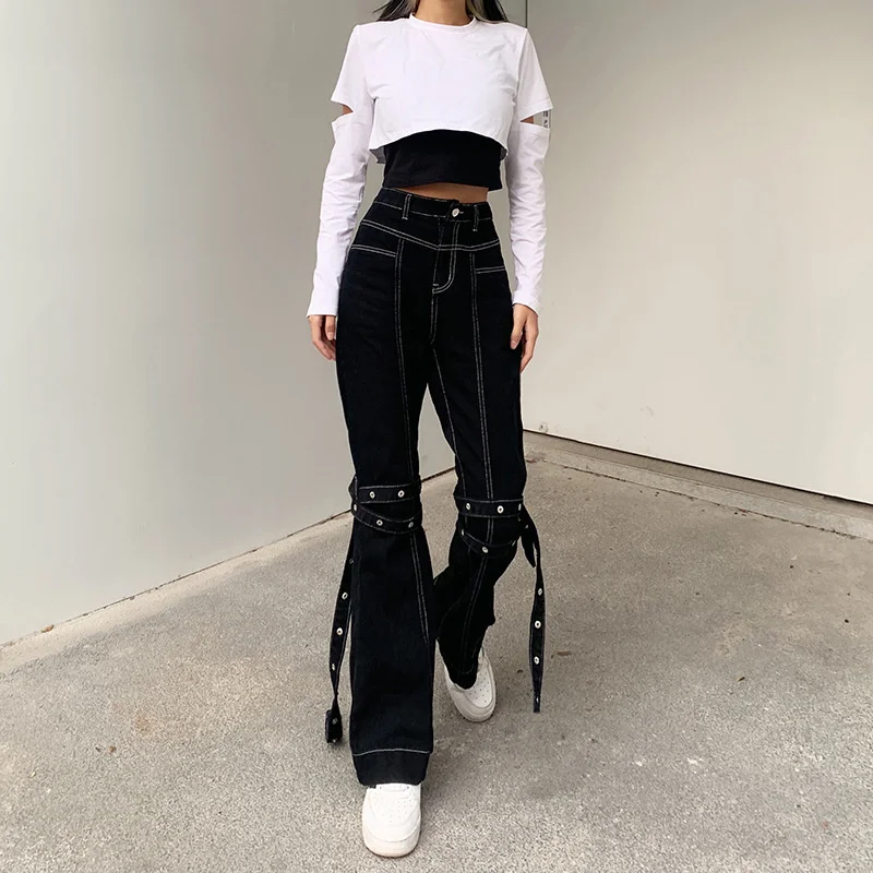 

Design sense pants leg strap open line wash high waist micro trumpet jeans women's 2021 summer new women's wear