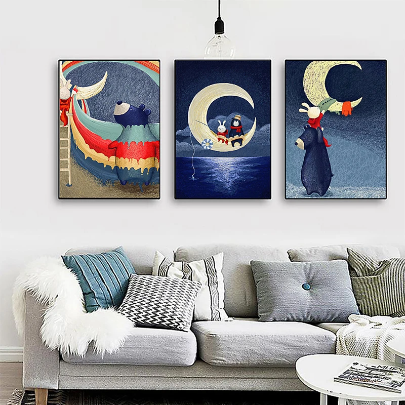 

Cartoon Animals The Moon on The Sea Prints Painting Canvas Home Decoration Wall Art Modular Picture Water color F Kids Room 3-35