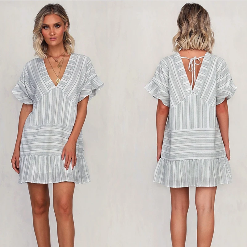 

Платье-мини женское летнее в полоску, с V-образным вырезом и коротким рукавом