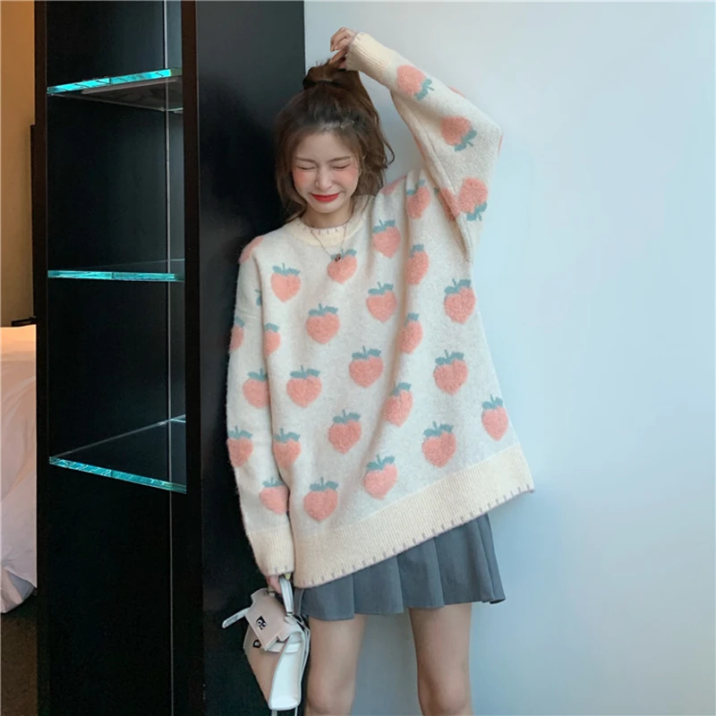 

Winter Sweet Lolita Cute Sweater Cartoon Strawberry Peach Snowflake Knit Women Casual Pullover loose Sweater Long Style Top