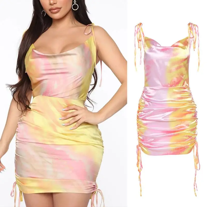 

Women Sexy Lace-Up Spaghetti Strap Silky Tie-Dye Print Bodycon Mini Dress Ruched Drawstring Bandage Backless Summer Party Clubwe