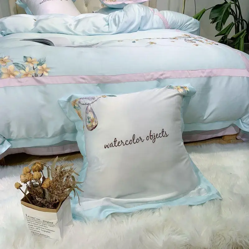 

42 Light blue tencel Bedding Set Bed Sheet Duvet Cover Pillowcase 1/4/6 pcs embroidery Bed Cover Bed Linen