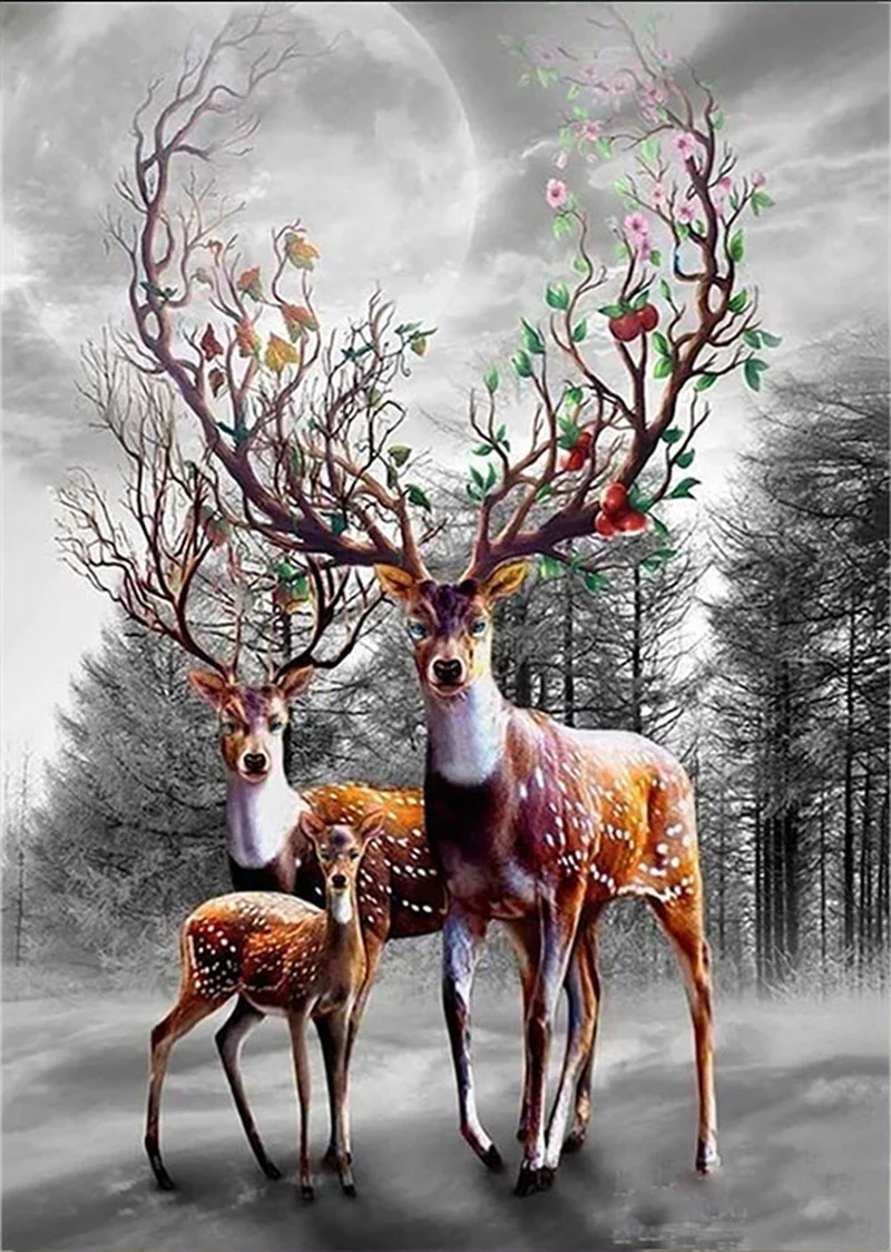 

5D Diamond Painting Kits Deer Wall Art Decor Full Round With AB Drill Diamond Embroidery Animal DIY Mosaic Moon Handmade Gift