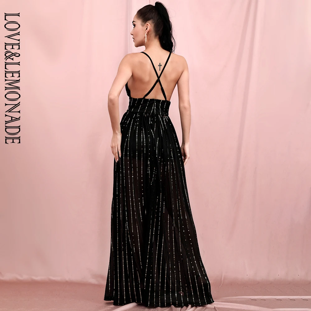 

LOVE & LEMONADE Sexy V-Neck Open Back Strap Gold Patch Mesh A-Line Summer Maxi Dress LM82466