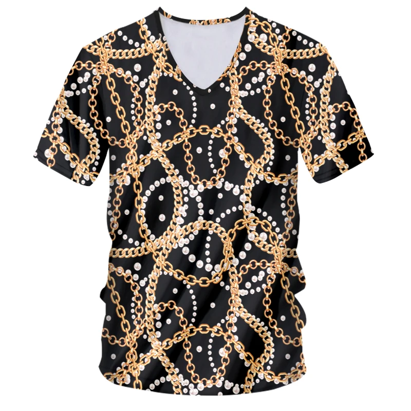 

OGKB New V-neck T-shirt Golden Pearl Chain 3d Print Casual And Suitable Baroque Luxury Cool Streetwear Cool Short Sleeve Shirts