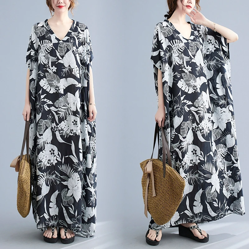 

Women Floral Print Dress Summer Vintage Casual Short Sleeve Loose Maxi Dress For Women Long Dress Elegant Robe Femme Dresses