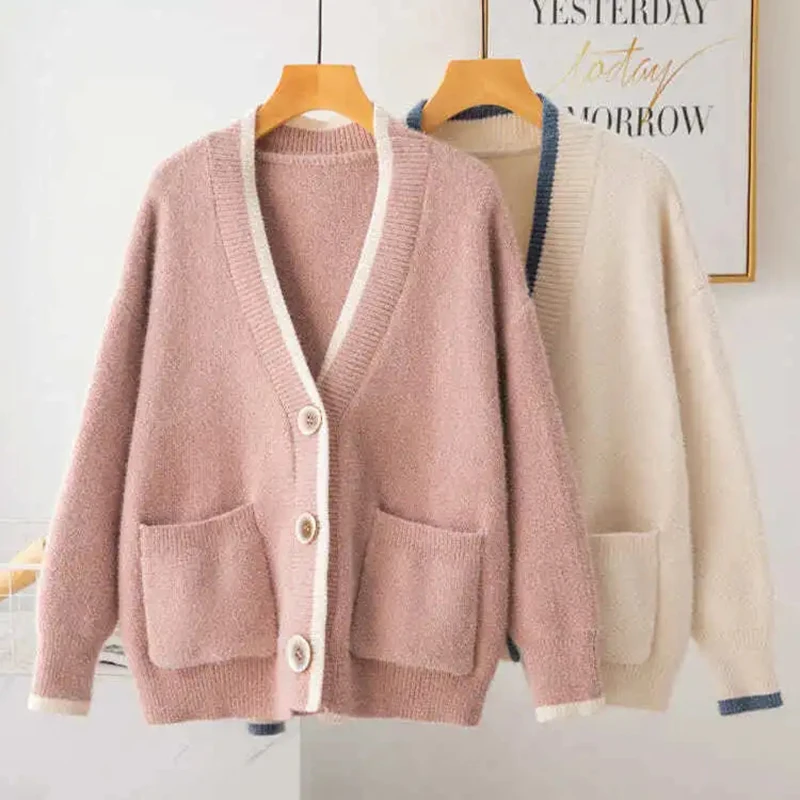 

Женский однобортный вязаный кардиган, Свободный теплый мягкий Свитер оверсайз с V-образным вырезом в Корейском стиле, Осень-зима