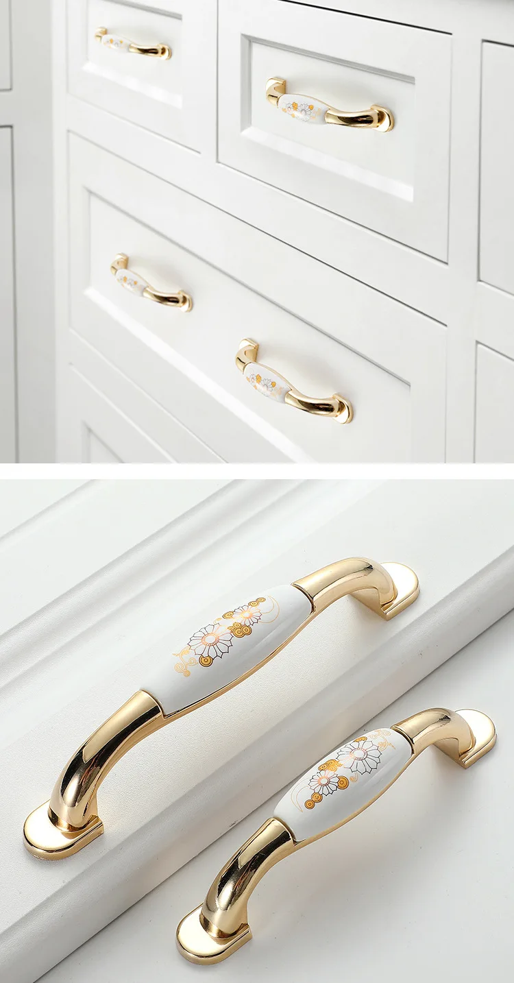 JD European Cabinet Wardrobe Door Single Hole Handle Gold Ceramic Handle Modern American Flower Pattern Drawer Furniture Handle