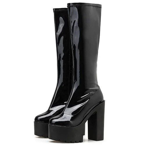 black shoes Gdgydh/осенне-зимние черные сапоги из лакированной кожи женские сапоги до середины икры на платформе и высоком каблуке с молнией, Прямая - Цвет: black shoes