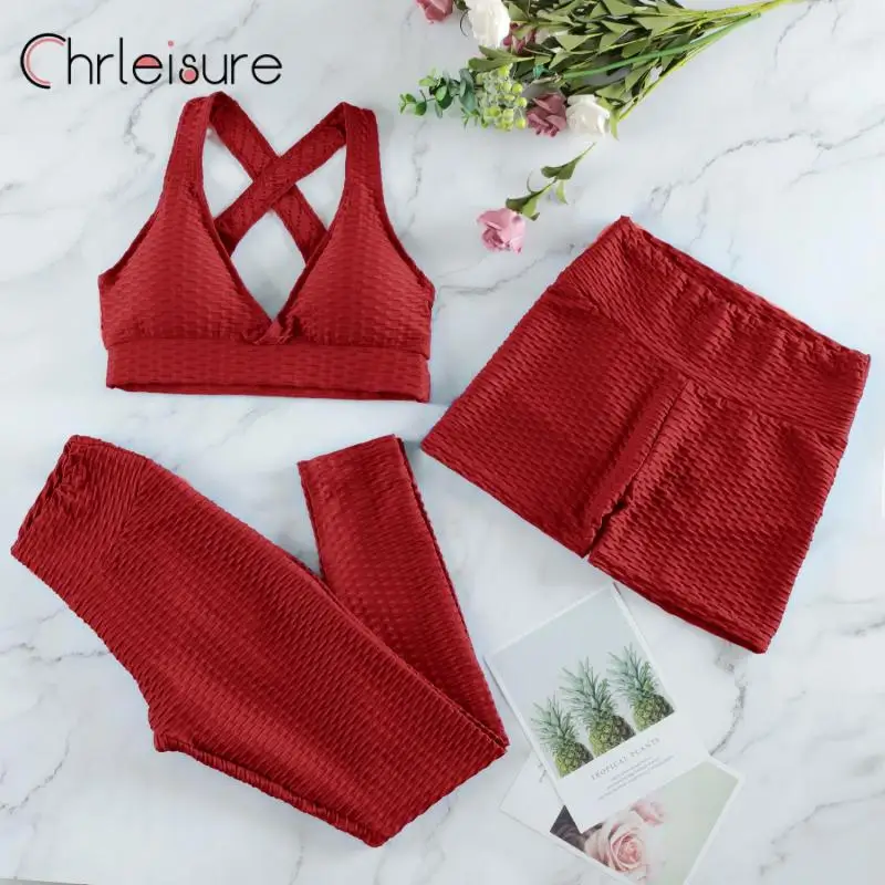 CHRLEISURE 2/3 шт. Набор для йоги Для женщин Фитнес спортивные костюмы Высокая Талия Леггинсы Шорты пуш-ап бюстгальтер, комплект спортивной одежды, Антицеллюлитный спортивные костюмы - изображение