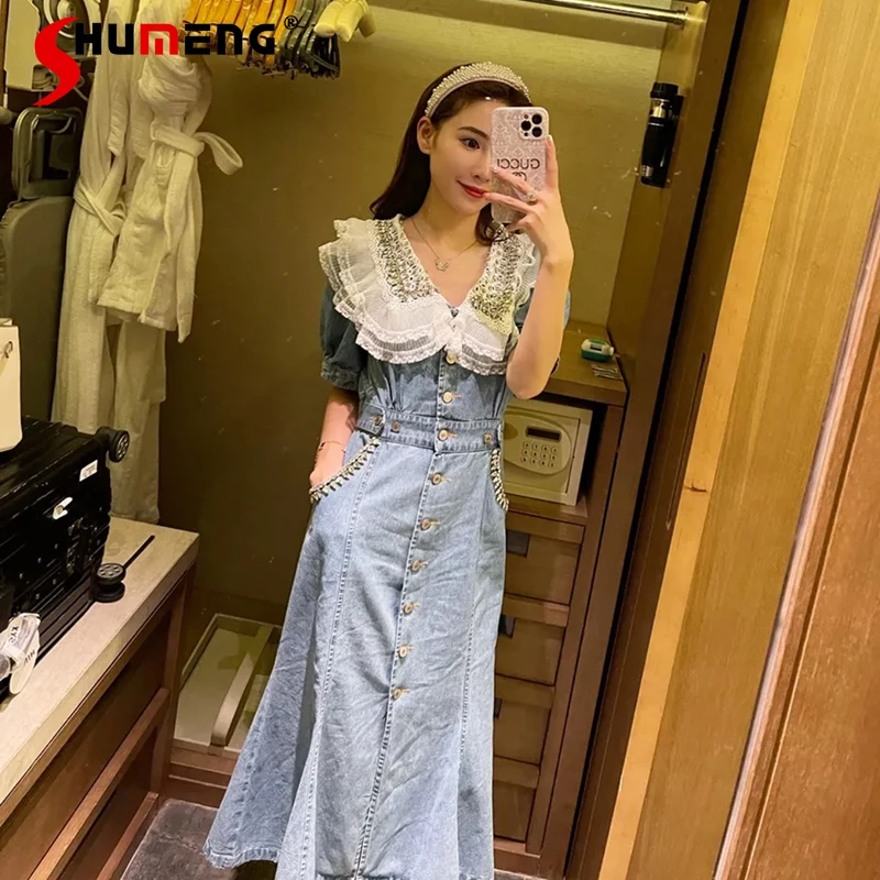 

2021 New Summer Women's Sweet Exquisite Rhinestone Doll Collar Maxi Denim Dress Ladies New Slim Waist Single-Breasted Midi Dress