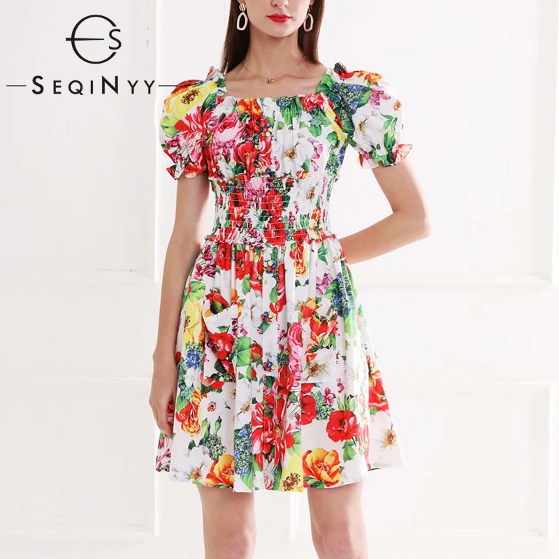 

SEQINYY Colorful Flowers Print Dress 2020 Summer Spring New Fashion Design Women Short Sleeve Elastic Waist Runway Mini Dress