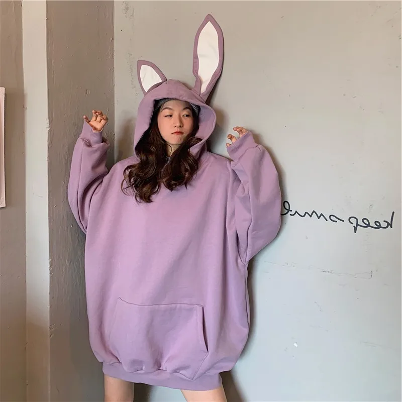 

Women Kawaii Rabbit Hoodie Cute Animal Solid Kpop Oersized Sweatshirt Casual Fleece Hoodies Funny Winter Clothing Female Tops