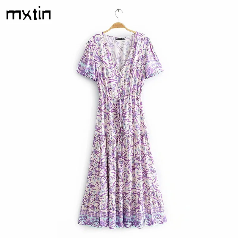 

MXTIN 2021 Women Summer Vintage Floral Print Ruffles Midi Dress Fashion V-Neck Short Sleeve Female Party Dresses Vestidos Mujer