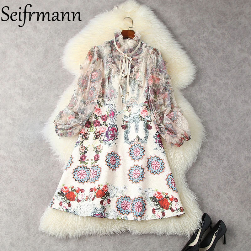 

Seifrmann New 2021 Summer Women Fashion Designer Party A-Line Dress Lantern Sleeve Bow High Waist Floral Print Ladies Midi Dress